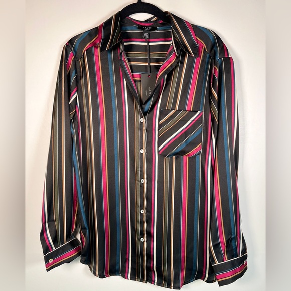 NWT HAVER LONDON Satin Striped V neck Button Up LS Shirt WEAR UNTIED/TIED XS - Picture 8 of 16